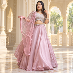 Dusty Rose Pink Shimmer Tissue Silk Lehenga Choli Set with Heavy Embroidered Blouse & Bead Fringe