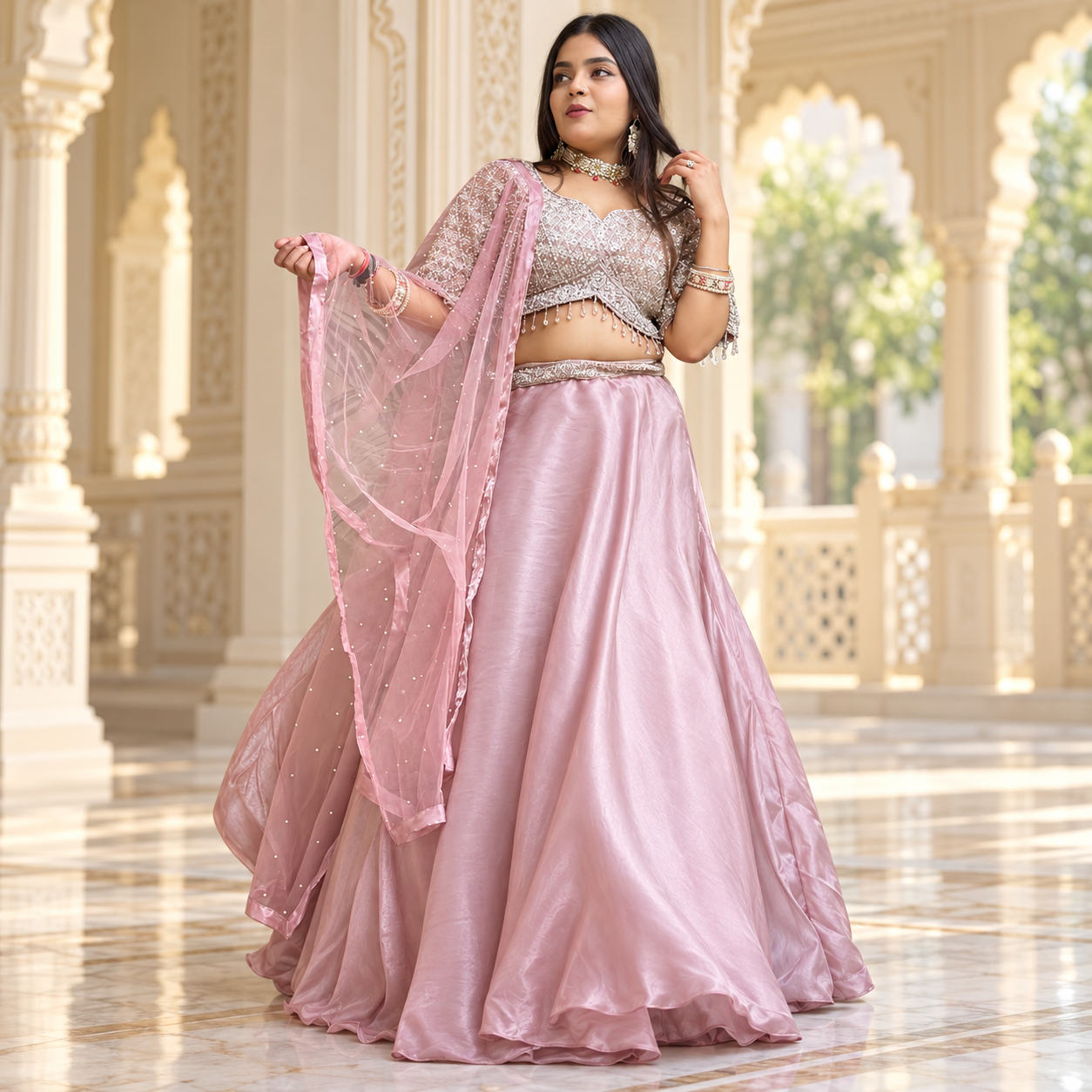 Dusty Rose Pink Shimmer Tissue Silk Lehenga Choli Set with Heavy Embroidered Blouse & Bead Fringe