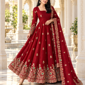 Crimson Red Heavy Embroidered Doremon Crush Gown Suit Set with Sequin, Diamond Work & Matching Dupatta