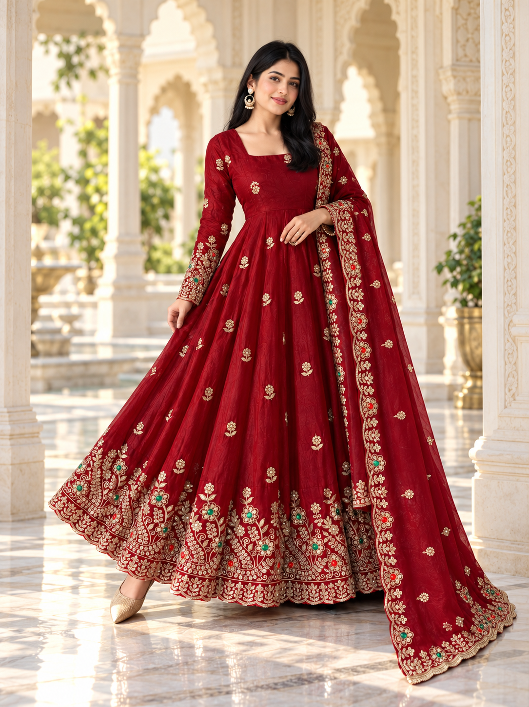 Crimson Red Heavy Embroidered Doremon Crush Gown Suit Set with Sequin, Diamond Work & Matching Dupatta