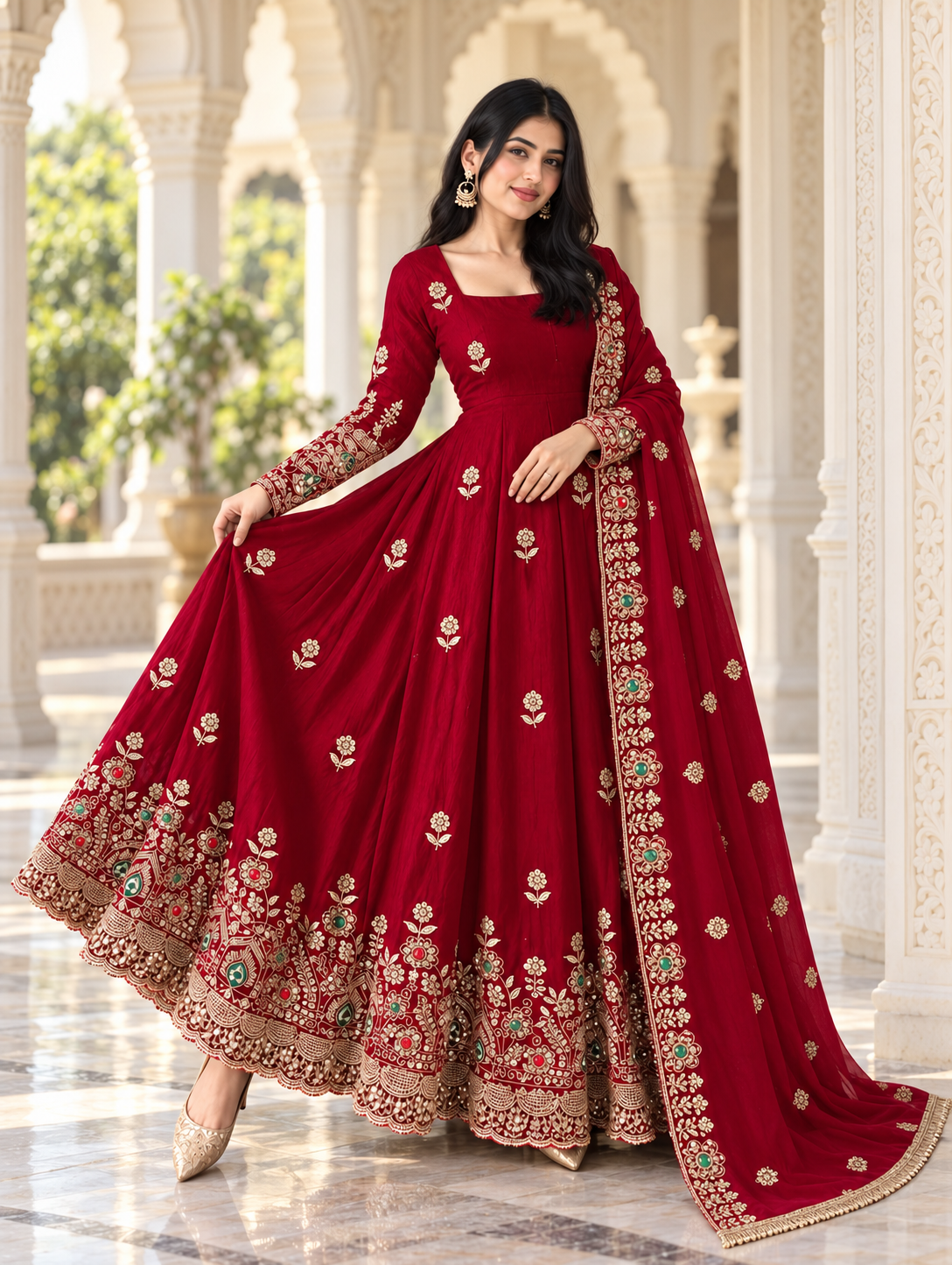 Crimson Red Heavy Embroidered Doremon Crush Gown Suit Set with Sequin, Diamond Work & Matching Dupatta - Image 4
