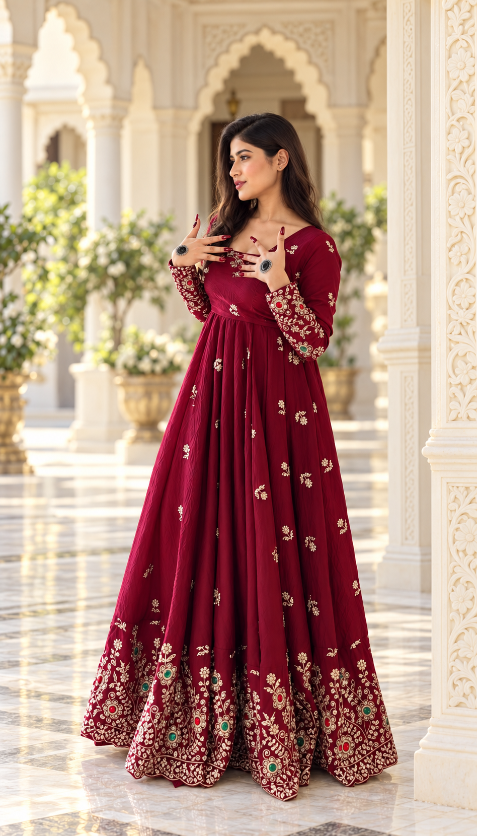 Crimson Red Heavy Embroidered Doremon Crush Gown Suit Set with Sequin, Diamond Work & Matching Dupatta - Image 2