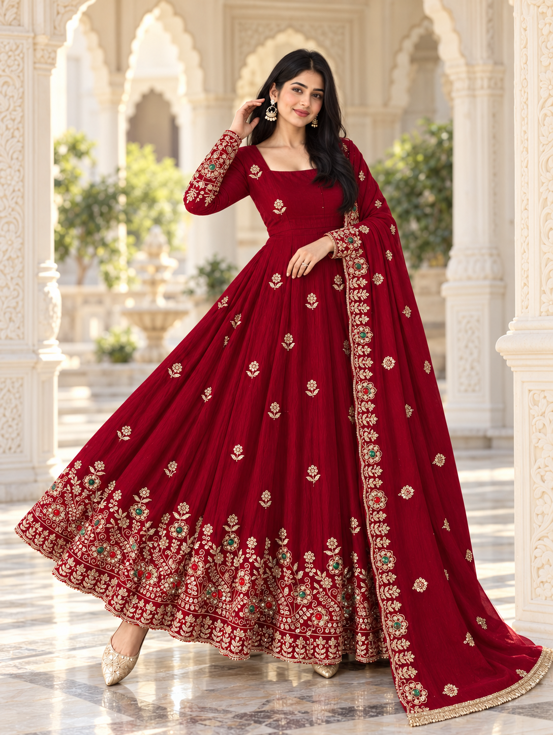 Crimson Red Heavy Embroidered Doremon Crush Gown Suit Set with Sequin, Diamond Work & Matching Dupatta - Image 3