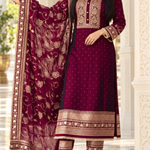 Maroon Wine Heavy Pure Chinon Silk Pakistani Suit Set with 5mm Sequin, Handwork Diamond Detailing & Floral Embroidered Dupatta
