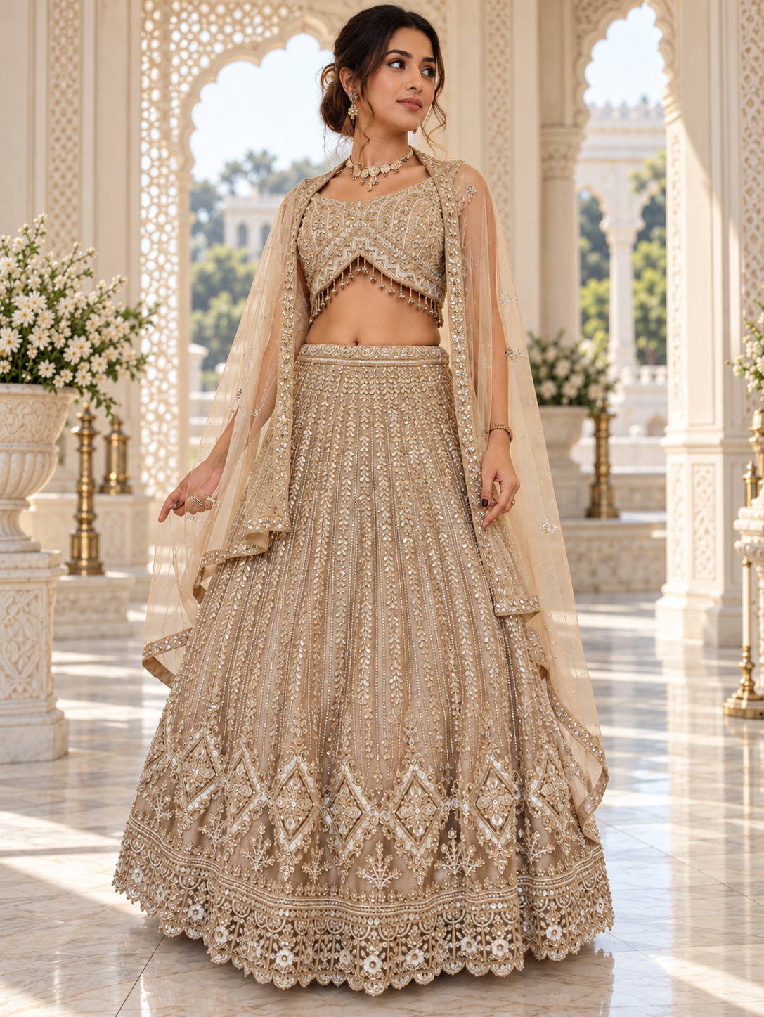 Champagne Gold Heavy Embroidered Bridal Net Lehenga Choli Set with Pearl Work & Sheer Veil Dupatta - Image 3