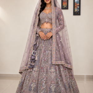 Lavender Grey Heavy Embroidered Net Bridal Lehenga Choli Set with Zari, Sequin Work & Statement Latkan