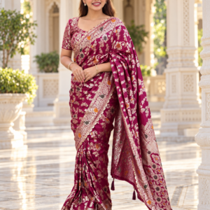Magenta Pure Viscose Dola Silk Saree with Heavy All-Over Meenakari Weaving & Rich Pallu