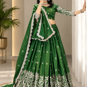 Elegant Emerald Green Two-Toned Silk Vichitra Embroidered Lehenga Choli Set