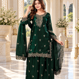 Emerald Bottle Green Fully Stitched Fendy Silk Sharara Suit Set with Sequin Embroidery & Cutwork Details
