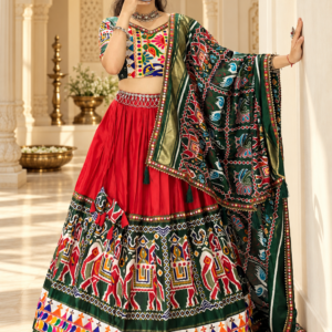 Vibrant Red & Bottle Green Dola Silk Patola Print Lehenga Choli Set with Gamthi Work & Paper Mirror Details