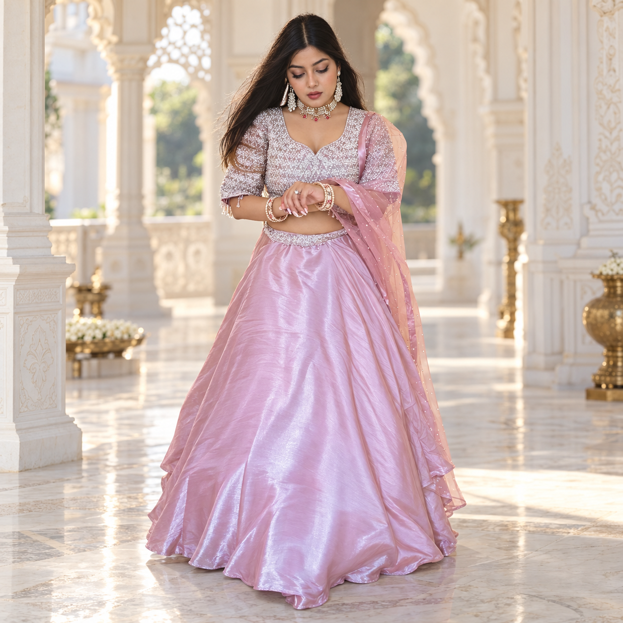 Dusty Rose Pink Shimmer Tissue Silk Lehenga Choli Set with Heavy Embroidered Blouse & Bead Fringe - Image 3