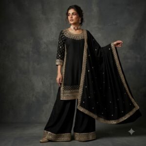 Jet Black Fully Stitched Natural Crepe Sharara Suit Set with Sequin Embroidery & Micro Silk Lining