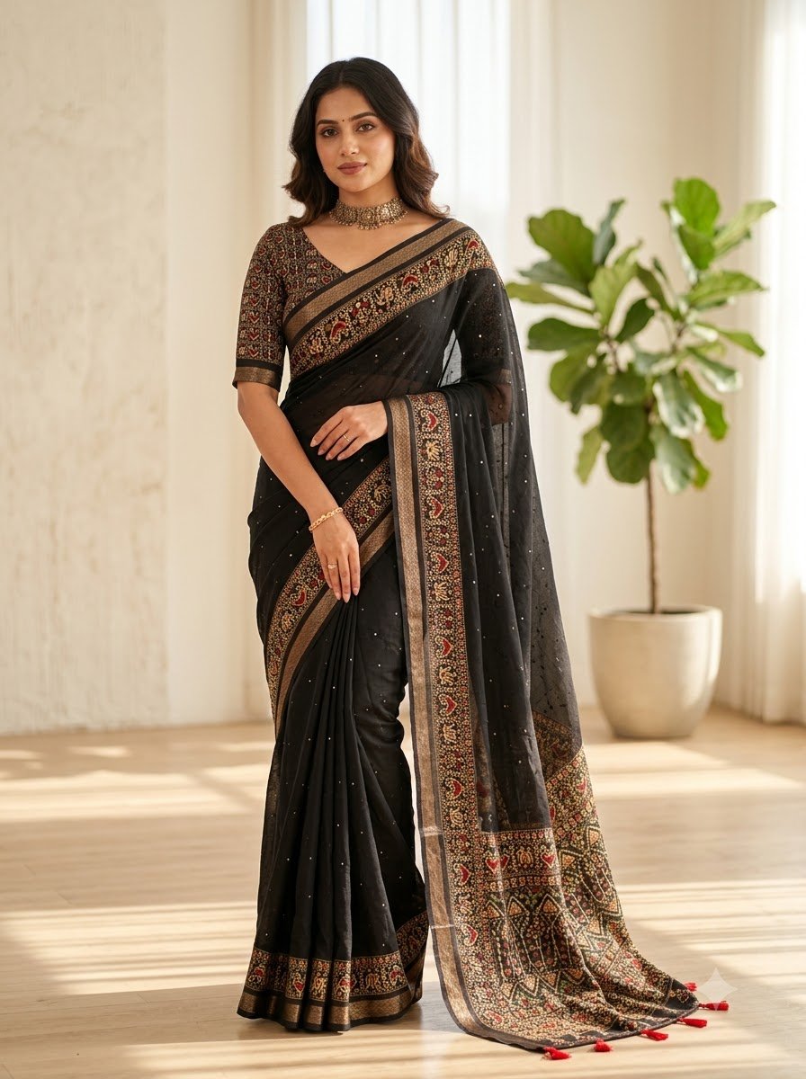 Classic Black Pure Shimmer Tissue Silk Saree with Traditional Embroidered Border & Printed Blouse - Image 2