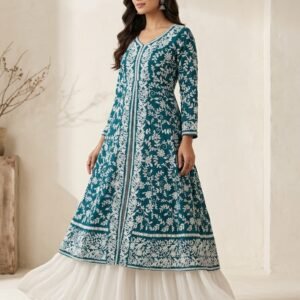 Teal Blue Cotton Slub Embroidered Long Gown Kurti with White Plazzo Set