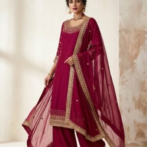 Magenta Wine Fully Stitched Natural Crepe Sharara Suit Set with Sequin Embroidery & Micro Silk Lining