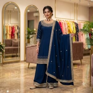 Midnight Navy Blue Fully Stitched Natural Crepe Sharara Suit Set with Sequin Embroidery & Micro Silk Lining