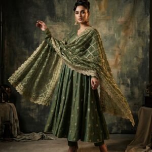Olive Moss Green Heavy Moss Fendy Anarkali Suit Set with 5mm Sequin Embroidery & Scalloped Dupatta