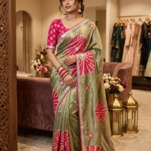 Olive Green & Rani Pink Twill Net Saree with Digital Print, Jaipuri Gota Patti Border & Heavy C-Pallu