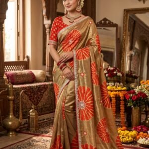 Golden Beige & Crimson Red Twill Net Saree with Digital Print, Jaipuri Gota Patti Border & Heavy C-Pallu