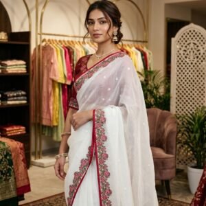 Pearl White Pure Shimmer Tissue Silk Saree with Floral Viscose Cross-Stitch Border & Maroon Raw Silk Blouse