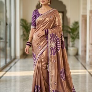Bronze Copper & Purple Twill Net Saree with Digital Print, Jaipuri Gota Patti Border & Heavy C-Pallu