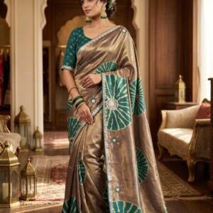 Bronze Metallic & Bottle Green Twill Net Saree with Digital Print, Jaipuri Gota Patti Border & Heavy C-Pallu