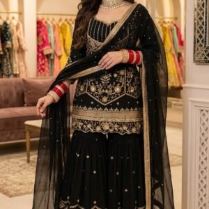 Jet Black Fully Stitched Heavy Silk Sharara Suit Set with Sequin Embroidery & Soft Net Dupatta