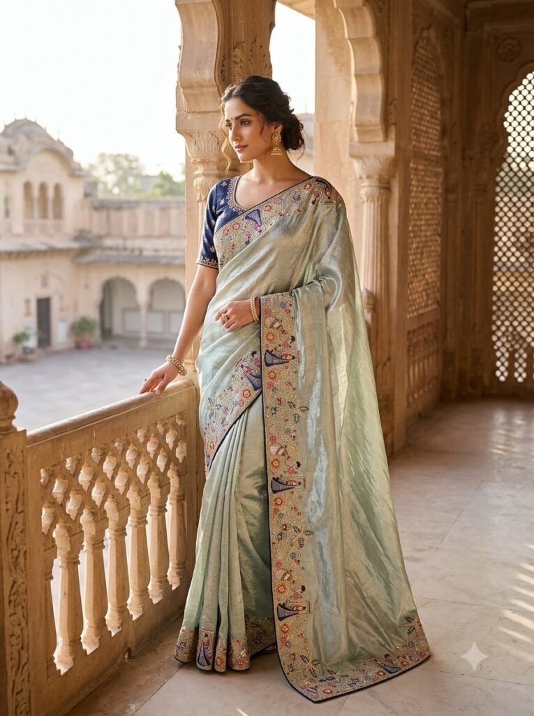 Tissue Jacquard Saree with Multicolour Sequin & Thread Work
