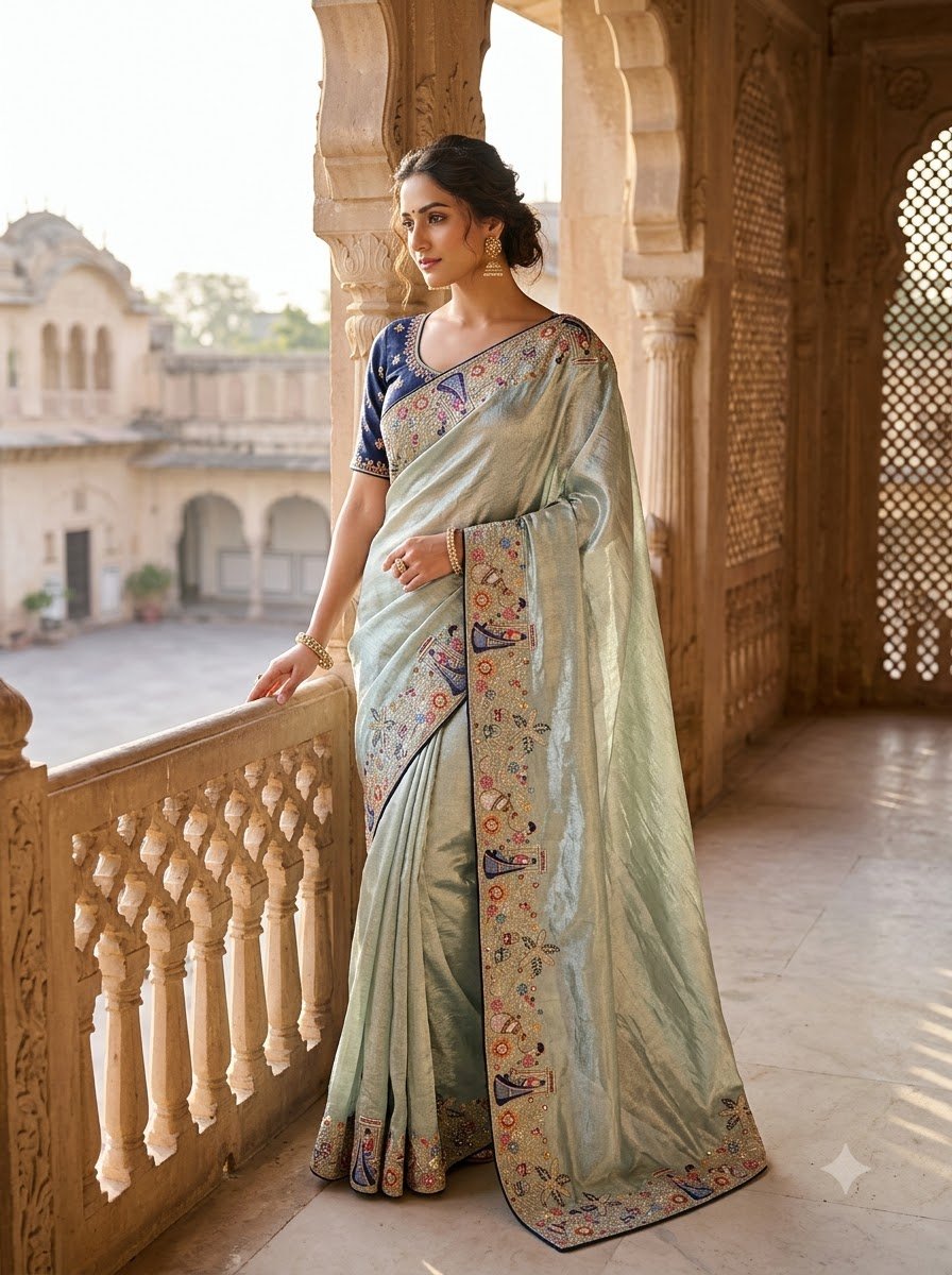 Tissue Jacquard Saree with Multicolour Sequin & Thread Work