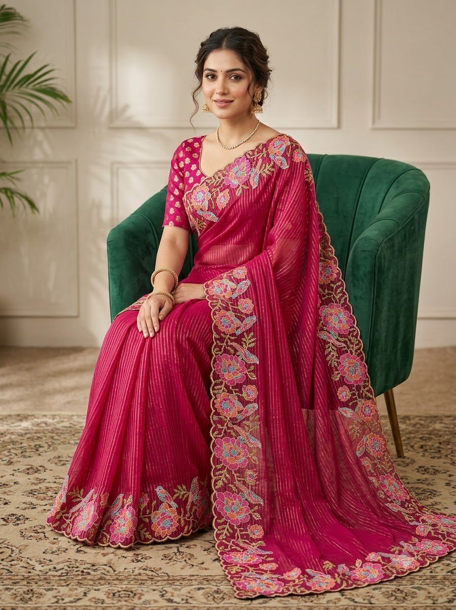 Rani Pink Soft Organza Zari Woven Lining Saree with C-Pallu Cross-Stitch Embroidery & Banarasi Silk Blouse - Image 2