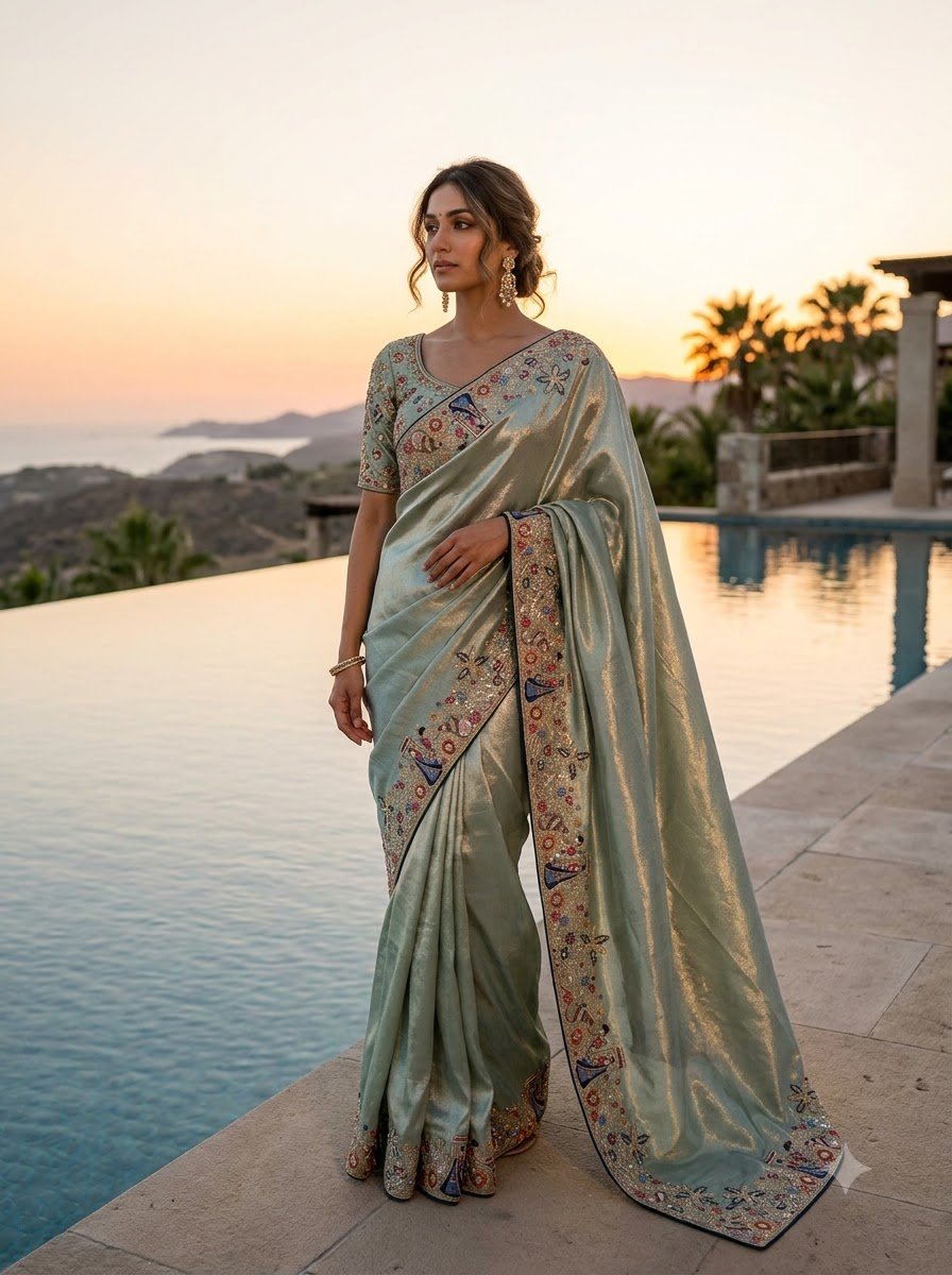 Tissue Jacquard Saree with Multicolour Sequin & Thread Work - Image 2