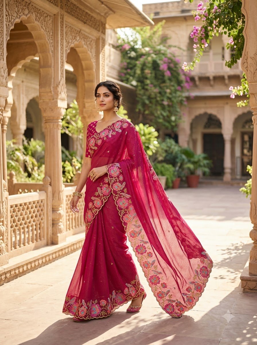 Rani Pink Soft Organza Zari Woven Lining Saree with C-Pallu Cross-Stitch Embroidery & Banarasi Silk Blouse - Image 4