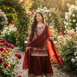 Chinon Silk Sequin Embroidered Sharara Palazzo Set with Dupatta