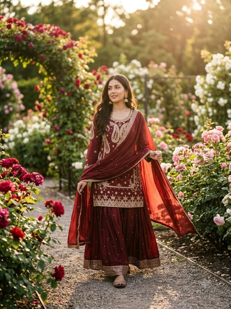 Chinon Silk Sequin Embroidered Sharara Palazzo Set with Dupatta