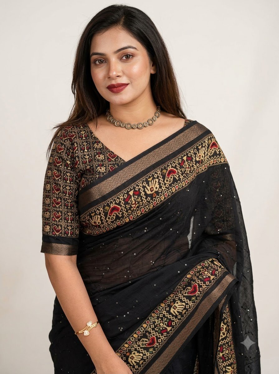 Classic Black Pure Shimmer Tissue Silk Saree with Traditional Embroidered Border & Printed Blouse - Image 4