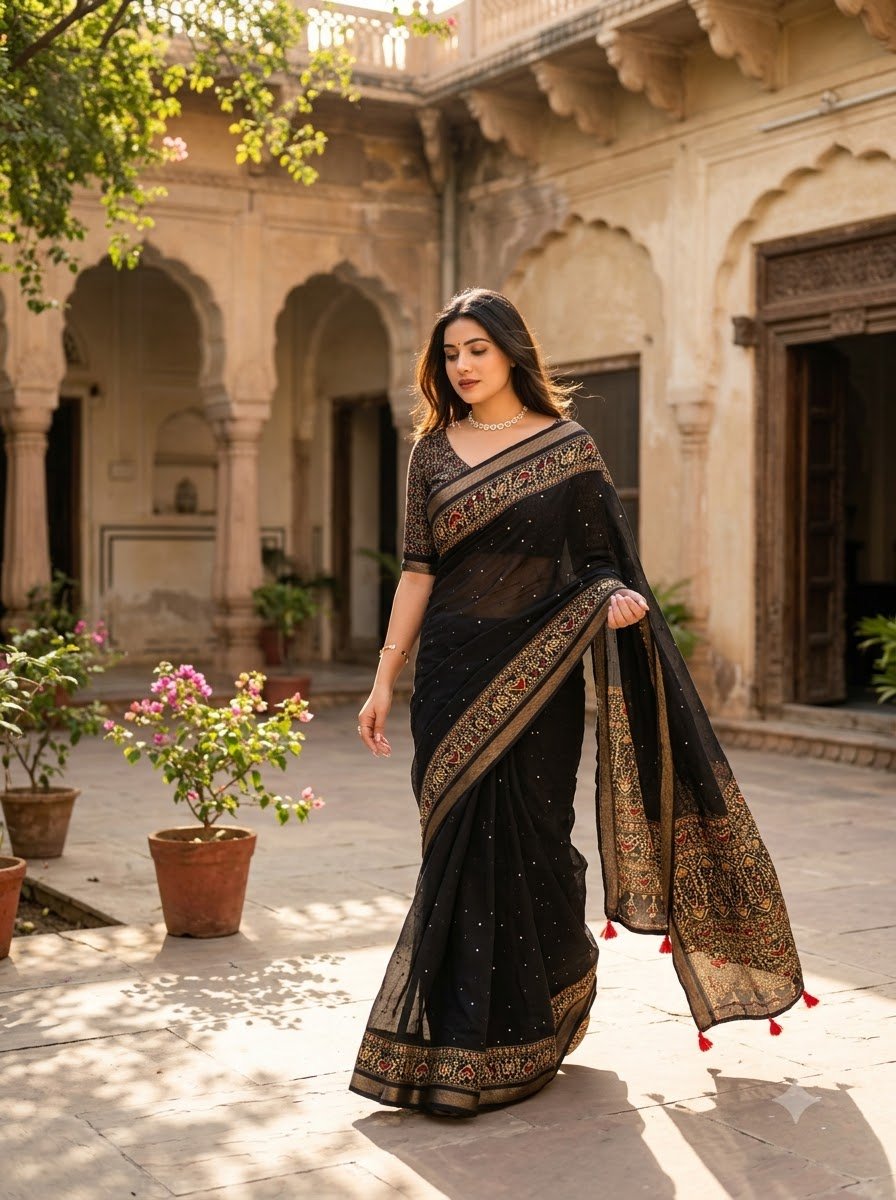 Classic Black Pure Shimmer Tissue Silk Saree with Traditional Embroidered Border & Printed Blouse - Image 3