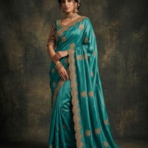 Peacock Teal Pure Chocolate Silk Saree with Cutwork Embroidered Border, Thread & DMC Swarovski Work