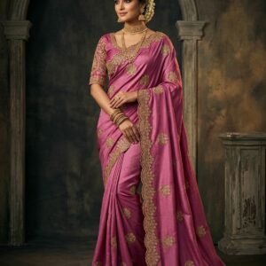 Mauve Purple Pure Chocolate Silk Saree with Cutwork Embroidered Border, Thread & DMC Swarovski Work
