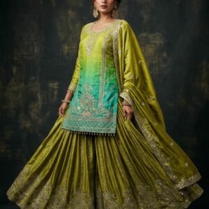 Olive Green & Sea Green Ombré Pure Chinon Silk Palazzo Suit Set with Heavy Coding Sequin Embroidery
