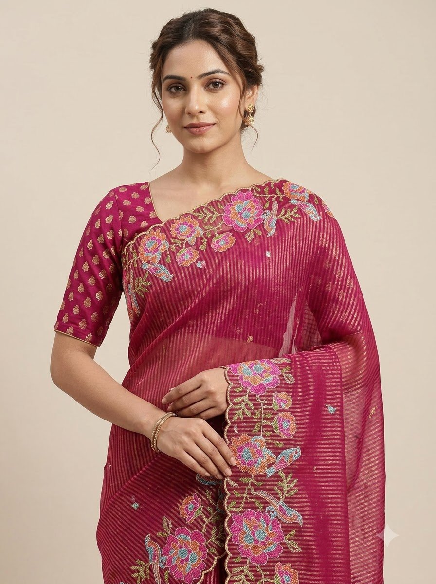 Rani Pink Soft Organza Zari Woven Lining Saree with C-Pallu Cross-Stitch Embroidery & Banarasi Silk Blouse - Image 3