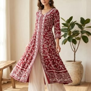 Maroon Cotton Slub Heavy Embroidered Front-Slit Gown with White Plazzo Set