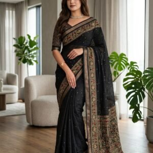Classic Black Pure Shimmer Tissue Silk Saree with Traditional Embroidered Border & Printed Blouse