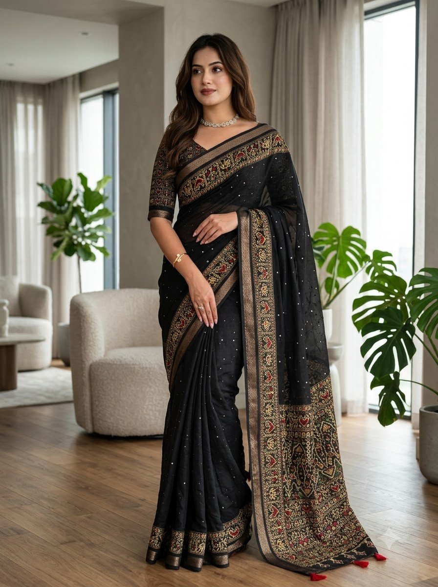 Classic Black Pure Shimmer Tissue Silk Saree with Traditional Embroidered Border & Printed Blouse