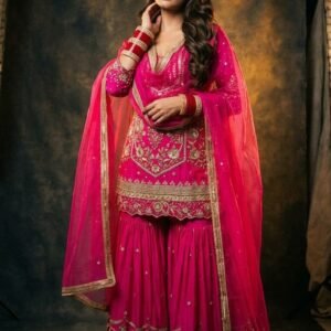 Rani Pink Fully Stitched Heavy Silk Sharara Suit Set with Gold Embroidery & Soft Net Dupatta