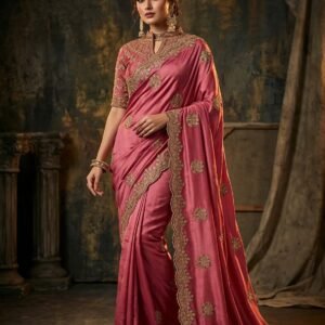 Dusty Rose Pink Pure Chocolate Silk Saree with Cutwork Embroidered Border, Thread & DMC Swarovski Work