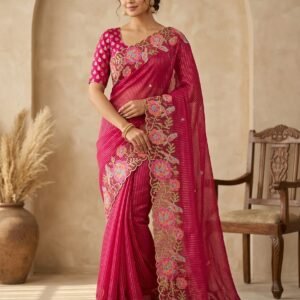 Rani Pink Soft Organza Zari Woven Lining Saree with C-Pallu Cross-Stitch Embroidery & Banarasi Silk Blouse