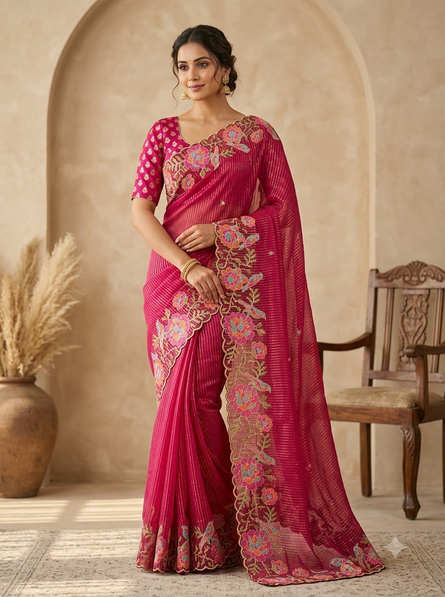 Rani Pink Soft Organza Zari Woven Lining Saree with C-Pallu Cross-Stitch Embroidery & Banarasi Silk Blouse