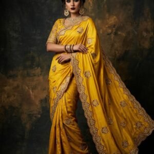 Mustard Yellow Original Chocolate Fabric Saree with Cutwork Embroidered Border & DMC Swarovski Butta Work