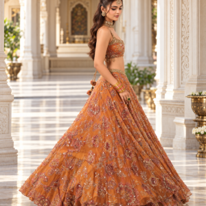Premium Rust Orange Taby Silk Designer Lehenga Choli with Hand Real Mirror & Sequins Work