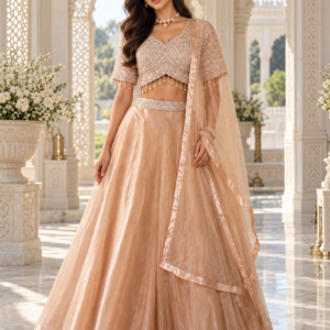 Peach Metallic Glossy Silk Lehenga Choli Set with Heavy Embroidered Blouse & Satin-Bordered Dupatta